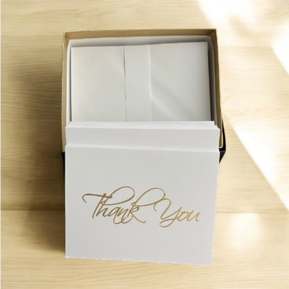 NEW Sympathy Thank You Cards 25 Notes Envelopes Gold Tone Writing White Cards